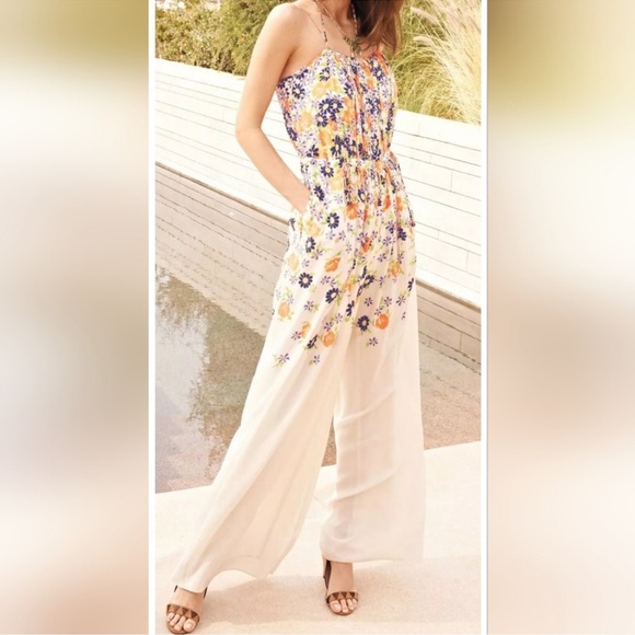 Elevenses Anthropologie Floral Silk Jumpsuit with Coral Accents - Picture 3 of 12